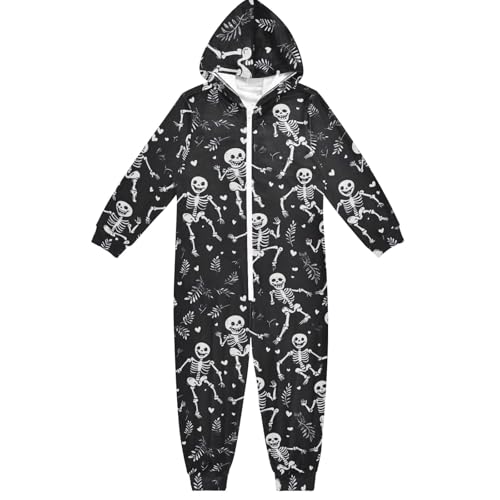 CHIFIGNO Mameluco unisex con capucha para niños y niñas, de una pieza, disfraz novedoso de Navidad, Halloween, para niñas y niños, Lindos esqueletos bailarines con hojas y corazones, 9-11 años