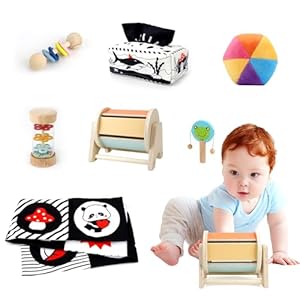 Montessori Toys for Babies 0-6 Months, 7 in 1 Learning Educational Set Newborn Toys 6-12 Months, Rainbow Ball, Baby Black and White Books, Tissue Box Toy, Spinning Drum, Rattle Toy