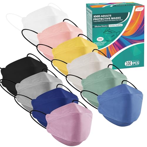 XDX KN95 Face Masks 100 Pack, 5 Layers Breathable Comfortable KN95 Masks for Adults Women Men, 10 Colors Masks Disposable Individually Wrapped