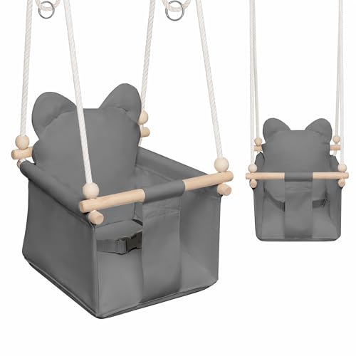 MAMOI Columpio Bebe con ASA DE Seguridad, Columpios Infantiles Exterior y Interior, Columpio Madera Ideal como Columpio de Jardin y para habitación Infantil (Teddybär Grau + Haken)