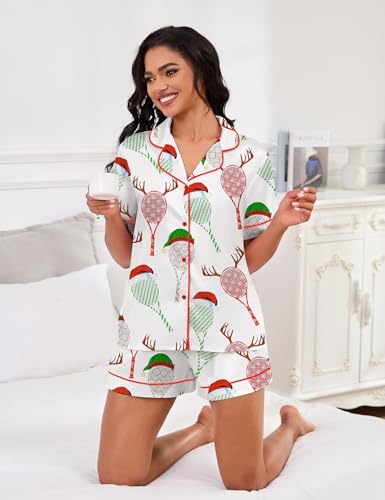 Image of SHESHOW Pajamas for Women Set Satin Button Down Short Sleeve Top and Shorts Pjs Sets Sport Ball Print Sleepwear XS-XXL