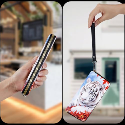 Wristlet Wallet for Women Teen Girls Womens Wallet RFID Blocking Credit Card Holder with Removable Wristlet,Leather Phone Wallet Clutch Large Capacity Ladies Travel Purs,Maple Leaf White Tiger4