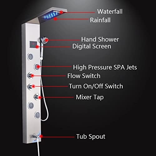Sistema de Panel de Ducha para Baño, Torre de Agua con Lluvia LED, Sistema de Ducha con Pantalla de Temperatura y Chorros de Masaje, Acabado en Níquel Cepillado miniatura 4