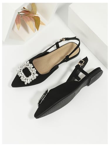 OYOANGLE Women's Rhinestone Decor Pointed Toe Slingback Flats Faux Suede Dress Sandals4