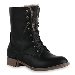 stiefelparadies Warm Gefütterte Damen Stiefeletten Worker Boots Kunstfell Schuhe 131018 Schwarz Carlet 42 Flandell