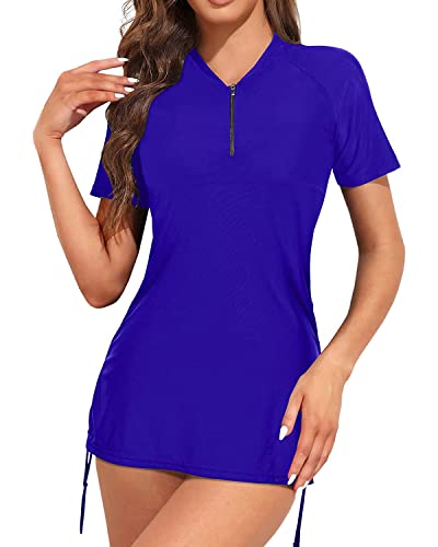 Holipick 2 Piece Rash Guard For Women Short Sleeve Swim Shirt With Bottom Built In Bra Zipper Bathing Suit Upf50 Swimsuit Dark Blue #TOP4