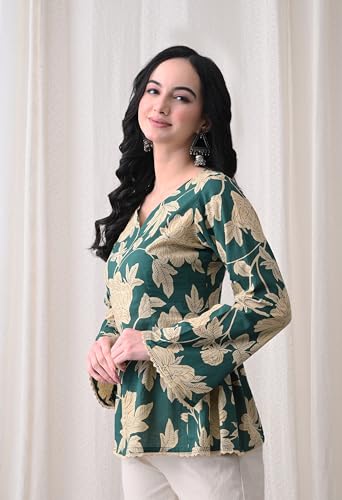 Image of MEERA FAB Women's Summer Floral Printed Cotton Short Kurta Bell Sleeves | Floral Printed Kurta | Short Kurti for Women
