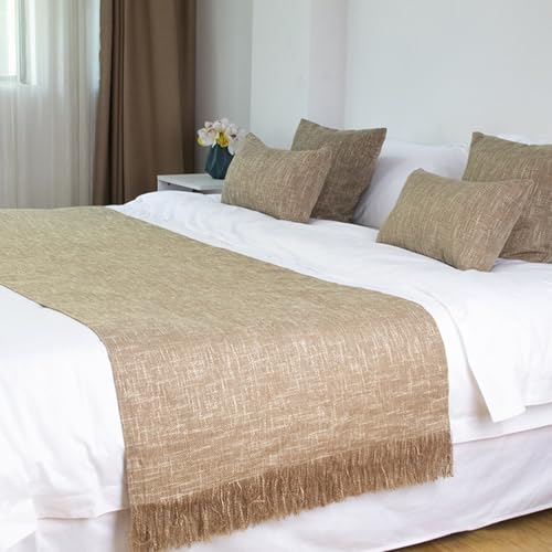 Yimafaner Camino de cama con borlas, bufanda de lino, manta decorativa para pies de camas, dormitorio de hotel, caqui, 66 x 260 cm para cama de 2 m