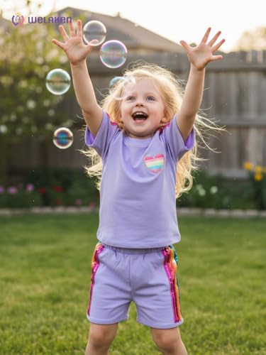 Image of WELAKEN Girls 2 Piece Outfit Kid Toddler Heart & Rainbow Sequin Striped T-shirt and Shorts Clothing Set