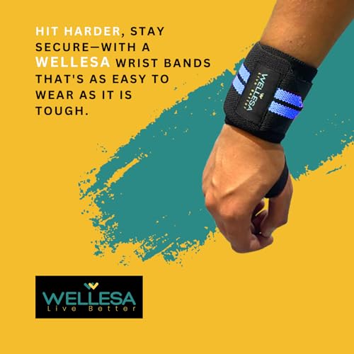 Image of Wellesa Wrist Support for Gym Workout | Wrist Band for Pain Relief & Weight Lifting | Wrist Wrap for Men & Women | Wrist Brace | Gym Accessories | One Size (Blue 2 Line)