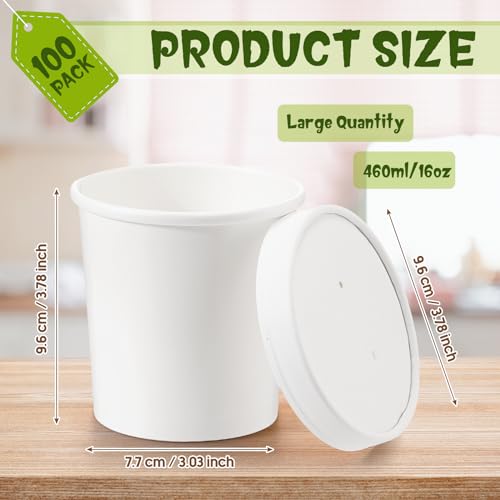 Image of Fulmoon 16 oz 100 Pack Paper Containers with Lids Soup Bowl Cup, White | Disposable Ice Cream Cup, Kraft Food Containers with Vented Lid Stackable for Hot Soup Dessert Cake Fruit Microwave Takeout