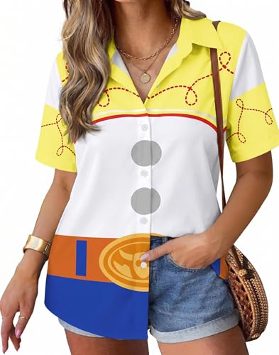 Image of ASTANFY Hawaiian Shirt Women Hawaii T-Shirt Tropical Floral Printed V Neck Shirts Soft Cool Summer Beach Button Up Blouse