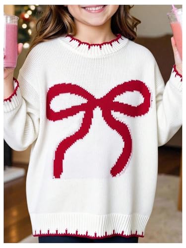 Image of RoseSeek Girl's Bow Graphic Sweaters Crewneck Long Sleeve Knit Pullover Tops Drop Shoulder Knitwear