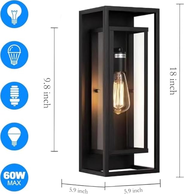 18inch Outdoor Wall Light Fixtures,Exterior Waterproof Lanterns,Porch Sconces Wall Mounted Lighting with E26 Sockets & Glass Shades,Modern Matte Black Wall Lamps for Patio Front Door Entryway (1 Pack)