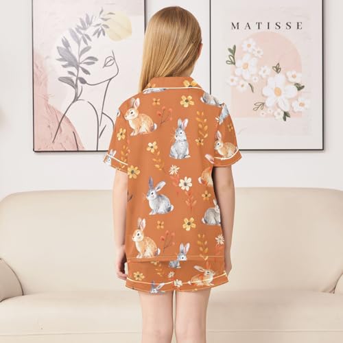 ALAZA Bunny Rabbit Flower on Orange Pajamas Satin Pajama Set Short Sleeve Button Down Sleepwear4