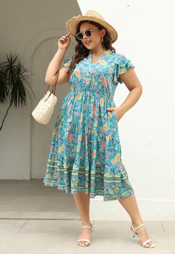 Image of Keluummi Plus Size Midi Dress for Curvy Women Wedding Guest Summer Floral Empire Waist Short Sleeve with Pockets