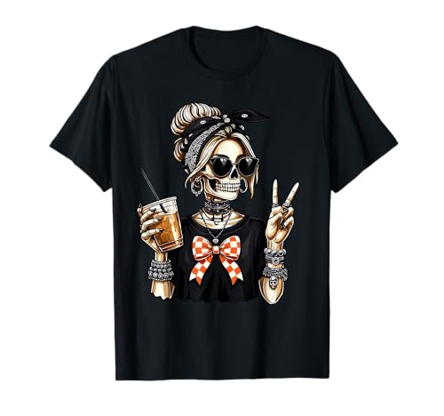 Skeleton Girl Drinking Coffee Peace Sign Graphic for Women T-Shirt