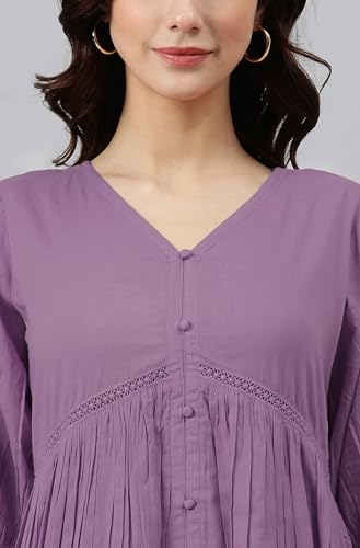 Image of Janasya Women's Cotton Solid Flared Dress