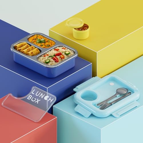 Image of 3 Compartment Stainless Steel Lunch Box for Kids & Adults, Steel Bento Tiffin with Cutlery, Leakproof BPA Free Lunch Container for School Office Travel (Blue)