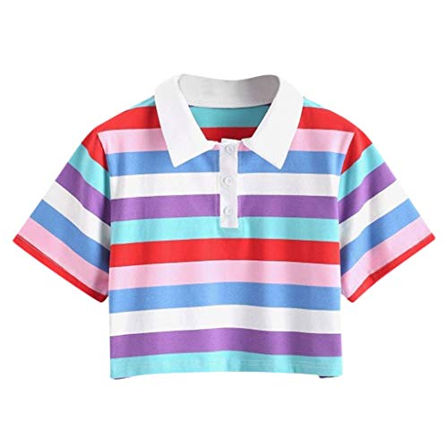Crop Top Damen Sommer Bauchfrei, Teenager Mädchen Bunt Streifen Bluse Sport Tops Shirt Kragen Hemd Oberteile Frauen Casual Kurzarm Lässiges T-Shirt Pullover Tunika Süße Sommershirts Sweatshirt Cover