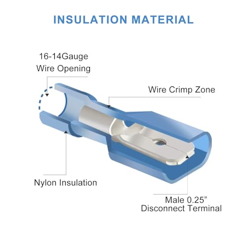RuoFeng 100Pcs Fully Insulated Male Spade Connectors 16-14 Gauge Quick Disconnect Wire Connectors Crimp Terminals Nylon Blue Spade Connector for Automotive, Electronics (Male Blue 16-14) - Thumbnail 5