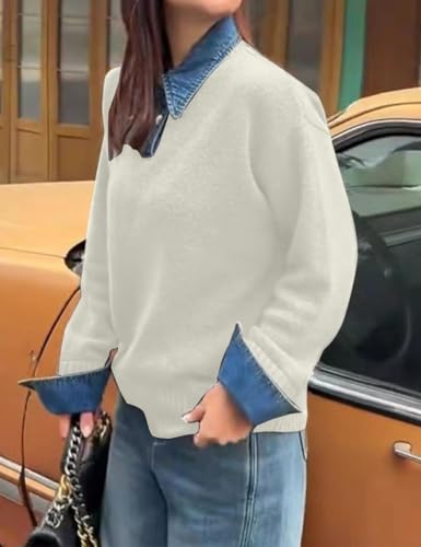 Image of Womens Denim Lapel Sweater Oversized Long Sleeve Button Down Polo Knit Pullover Sweaters 2025 Fall Outfits