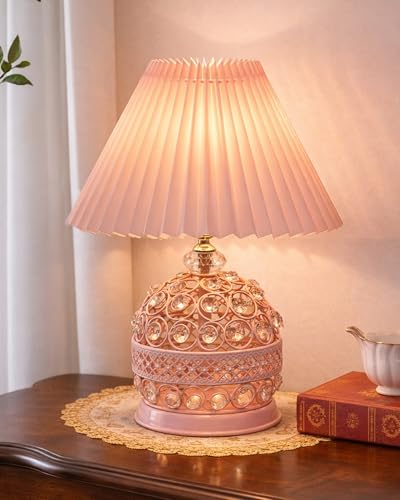 Image of Homesake Modern Small Crystal Table Lamp, Contemporary Bedroom Bedside Nightstand Lamp Light, Desk Globe Lamp for Living Room Girls Kids Room, Fabric Shade (Pink Pleated)