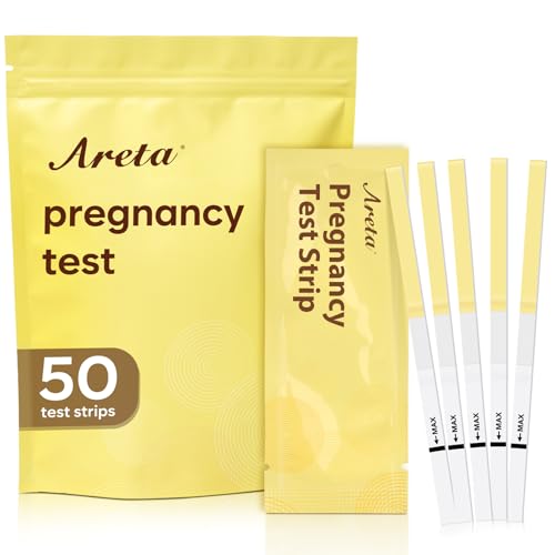 Areta 50 Tests de Grossesse Précoces: 50 Tests de HCG Urinaires, Bandelettes Sensibles 10 mIU/mL, Résultat Précis et Fiable | Utilisation Facile
