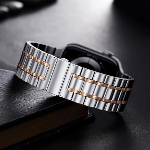 Image of Bestig Compatible with Apple Watch Bands for Men Women 40mm 38mm 41mm 42mm(Series 11 10), Premium Solid Stainless Steel Metal Business Strap for iWatch Series 10 9 8 7 6 SE 5 4 3 2 1, Silver /Rose Gold