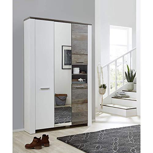 MATEO-Garderobenschrank-in-Weiss-mit-Driftwood-Optik-Moderner-Flurgarderoben-Schrank-mit-Spiegeltuer-112-x-198-x-39-cm-BHT
