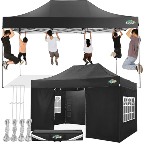 COBIZI 10x15 Pop up Canopy Tent 10x15 Canopy with 4 Sidewalls Waterproof Heavy Duty Commercial Tent for Parties Outdoor Garden Gazebo, Carry Bag(10x15ft, Black)