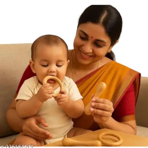 Image of Natural Wood Neem Wooden Teether Set for Babies, Ring Rattle and Grasping Toy