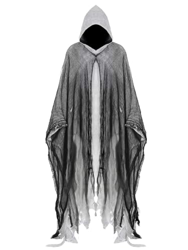 POEURO Gray Grim Reaper Hooded Cloak with Mesh for Adult Halloween Cosplay