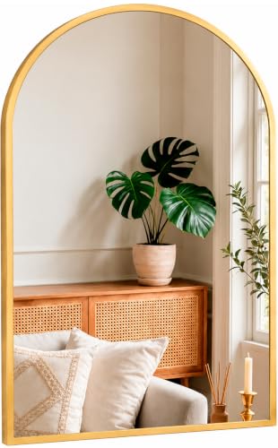 Marctani Espejo Arqueado 70x50 cm Dorado, Espejo de Pared en Arco con Marco de Aluminio Fino para Recibidor, Entrada, Baño y Dormitorio, Cristal 2,8 mm, Decoración de Pared Estilo Ventana