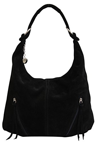 AMBRA Moda Damen Ledertasche Shopper Wildleder Handtasche Schultertasche Beuteltasche Hobo Tasche Groß WL822 (Schwarz)