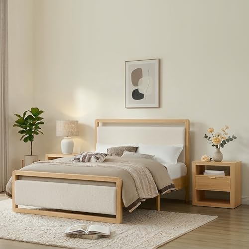 KISLOT 3 Pieces Bedroom Set, Wood Bed Frame with Upholstered Headboard & 2 Nightstands with Storage, Wooden Platform Mattress Foundation Farmhouse Bedroom Furniture Set