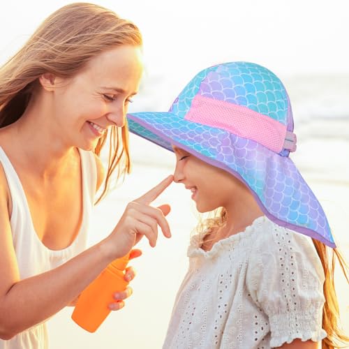 Girls Sun Hat for Kids UV Protection Unicorn Summer Hat Beach Play Hats Wide Brim Neck Flap for Girls Ponytail Hat 2-9 Years - Image 4