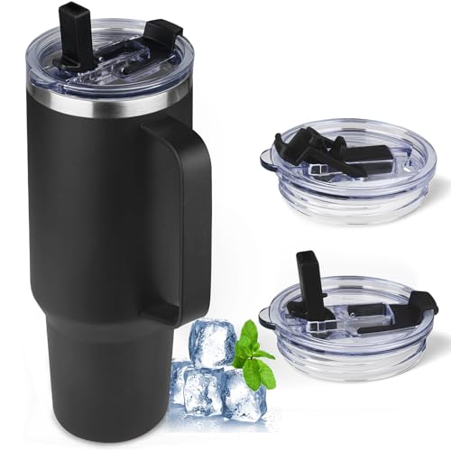 Image of 40 oz Tumbler with Handle and Flip Straw, 100% Leakproof Insulated Tumbler with Lid and Straw, Stainless Steel Travel Coffee Mug, Insulated Coffee Thermal Cup for Cold and Hot (Black)