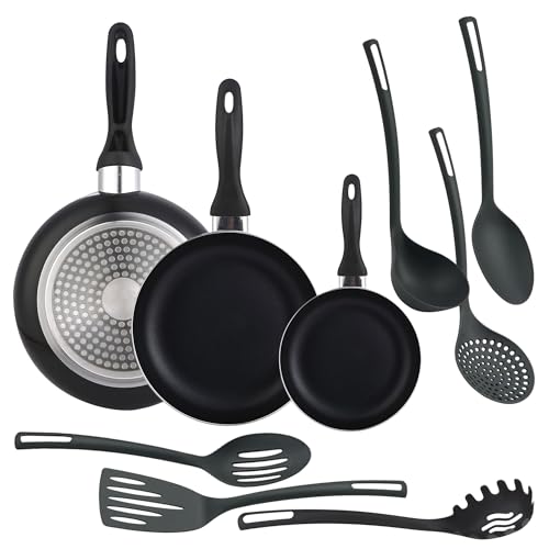 Well Home Ensemble de 3 poêles Ø16Ø20Ø24cm en aluminium embouti noir + 6 ustensiles de cuisine en PBT couleur noire