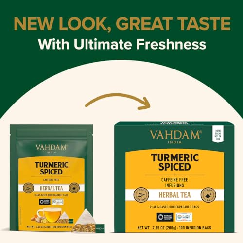 VAHDAM, Turmeric Spice Herbal Tea Bags (100 Pyramid Tea Bags) Caffeine Free | Non GMO, Gluten Free | 100% Pure Herbal Tisane - Savory & Spicy | Whole Leaf Tea Bags | Resealable Ziplock Pouch - Image 3