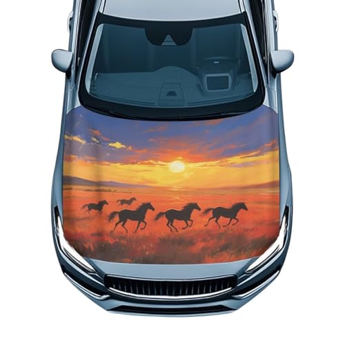 Image of Sunset Horse Car Hood Cover Slip-On Washable Elastic Weatherproof Fabric Elastic Band Fixation Fits Most Cars