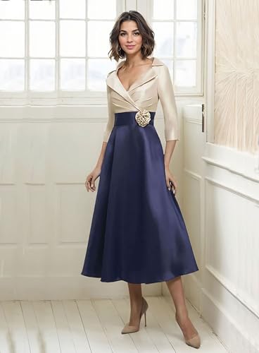 A-Line Tea Length Mother of The Bride Dresses V Neck Long Sleeve Evening Dresses Satin Ball Gown for Women Formal2