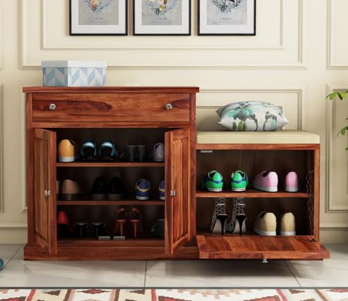 Image of The Attic Lewiston Shoerack, Shoe Storage Cabinet for Home, Shoe Rack with Seat & Door, Shoe Organizer, Shoe Rack for Home, Honey Matte Finish