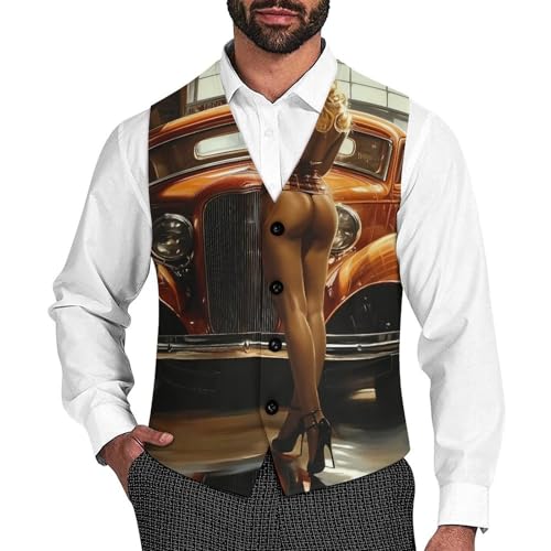 Pinup Women Sexy Hot Rod Car Garage Man Cave Suit Vest for Men Slim Fit Tuxedo Waistcoat Button Down V Neck Business Dress Coat