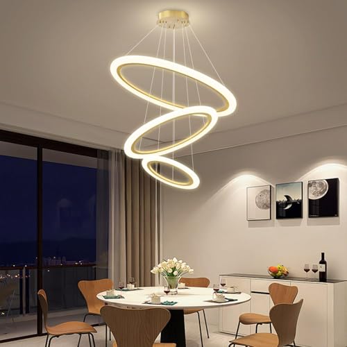 Image of Manraj Modern LED Gold Ring Chandelier, Acrylic 3-Ring Design, Flush Mount Chandelier with Adjustable Hanging Cord Pendant Light Fixture, for Dining Living Room Bedroom (Gold)