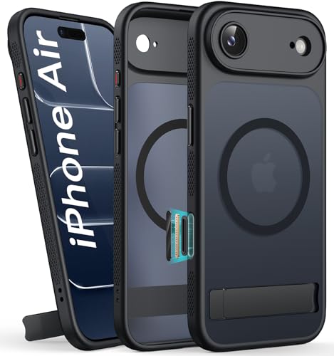 Image of Vihibii for iPhone Air Cover with Stand & Camera Control, [Compatible with Magsafe], Full-Cover Lens Protection, Rugged Hard Back & Silicone Edge, Non-Slip Translucent Slim Case, 6.5 inch 2025, Black