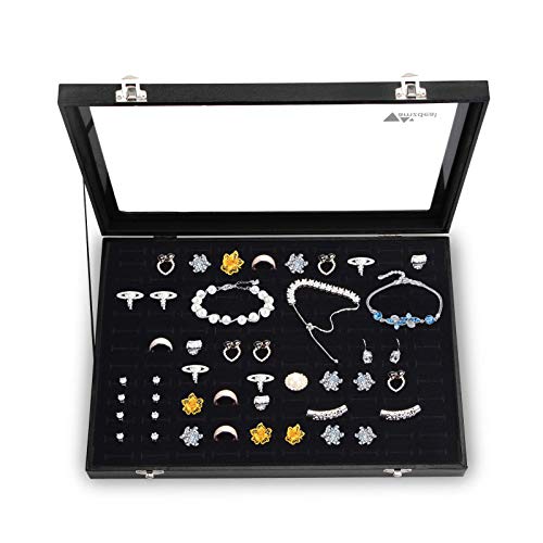 amzdeal Ring Storage Box -100 Slots Jewelry Ring Display Case with Glass Lid, Jewelry Storage Tray, Ring Holder Organizer, Ideal Gift for Women/Men, Black - Thumbnail 3