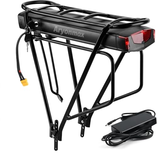 Ebike Akku 36V 15AH mit Gepäckträger & Ladegerät für 26'-29' Fahrräder, Lithium-Ionen Fahrradakku mit Rücklicht Sicherheitsschloss für 50-750W Motor (36V 15AH mit Gepäckträger)