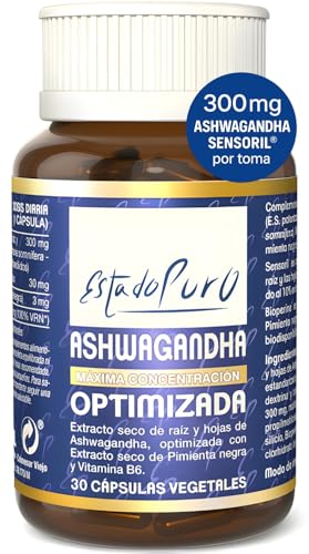 Ashwagandha Sensoril Estado Puro | Con 10% Withanólidos, Pimienta Negra y Vitamina B6 | Vegano, No-GMO | Cortisol Blocker & Detox - Disminuye Cortisol, Estrés y Ansiedad | 30 Cápsulas 1 Mes | TONGIL