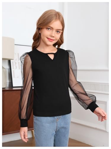 Image of WDIRARA Girl's Cut Out Round Neck Mesh Puff Long Sleeve Blouse Casual Top